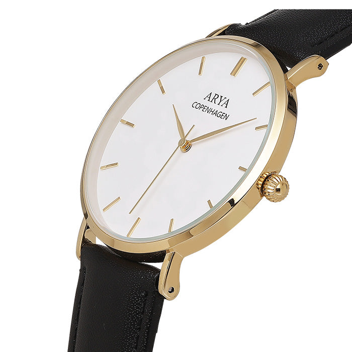 Arya, Copenhague Ethereal - Reloj de Dama de Cuero Negro Dorado