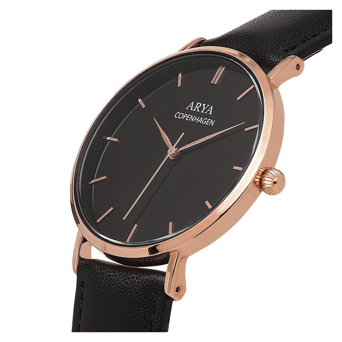 Arya, Copenhague Ethereal - Oro Rosa Reloj de Cuero Negro para Hombre