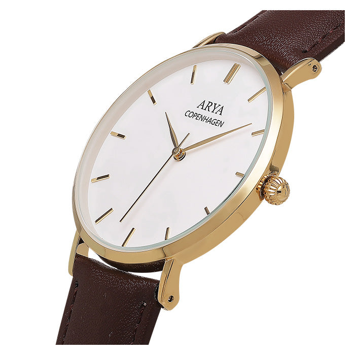 Arya, Copenhague Ethereal - Reloj de Hombre de Cuero Marrón Dorado
