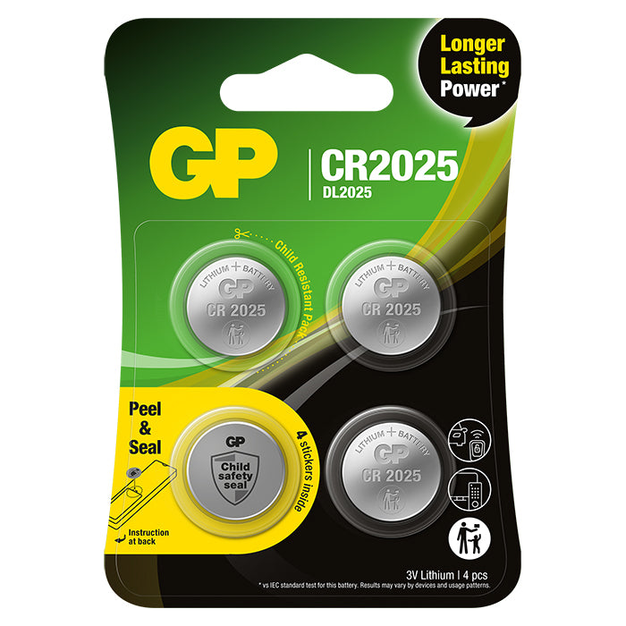 GP Batterien, GP Knopfzelle, Lithium, CR2025, Sicherheitsverschluss, 4er-Pack